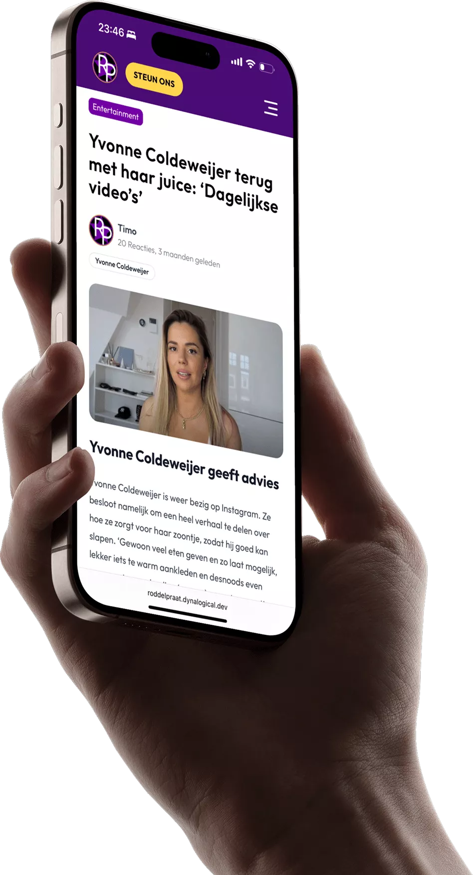 Foto van een iPhone met een artikel over Yvonne Coldeweijer op de website van Roddelpraat