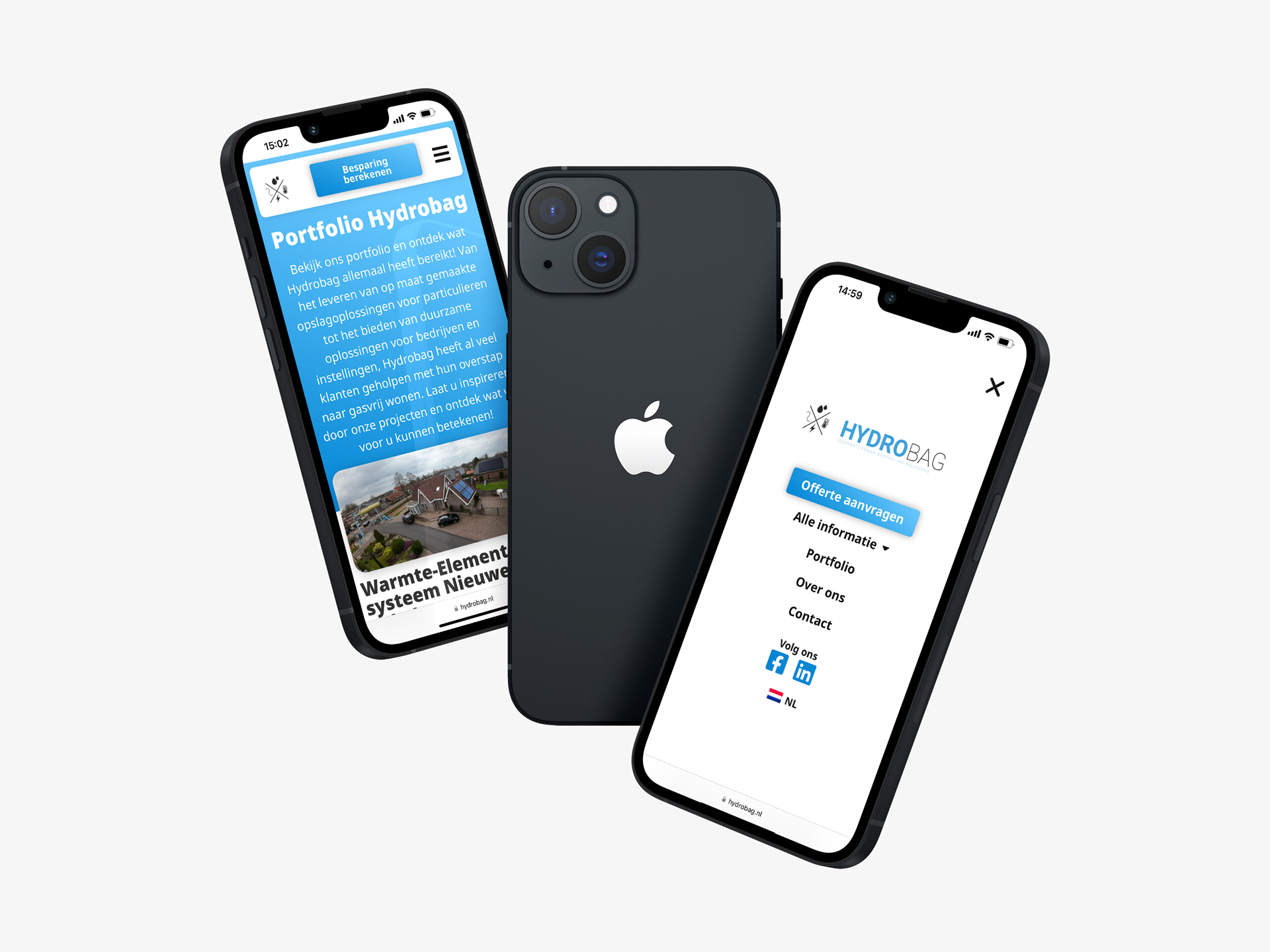 Hydrobag website op 3 iPhones